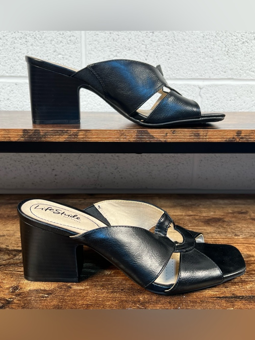 Life Stride Sandals Thrill‎ Black Slip On Block Heel Faux Leather Open Toe 8.5W
